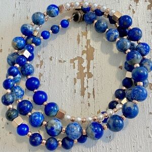 Handmade Lapis Lazuli, Mother of Pearl & Gold Hematite Triple Wrap Wire Bracelet